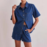 Summer New Water Wash Retro Solid Color Short Sleeve Shirt Shorts Denim Set
