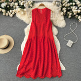 2022 Summer New Lace Embroidery Dress Women Sleevelesss Dresses Female Vintage Party Beach Maxi Long