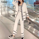 Contrast Stripe Trims Lapel Cardigan Pocket Top+high-waisted Ankle-length Pants Knitting 2-piece Suit Female Sports