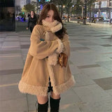 Fur Faux Fur Shaggy Coat Female Lamb Coats Fluffy Zipper Top Korean Fashion Large Pockets Velcro Stand Collar Bib Black