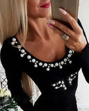 Winter Sexy Black Bubble Bead Round Neck Long Sleeve Bodycon