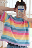 New casual crop top loose rainbow striped O-neck short-sleeved t-shirt female y2k tops cloth Harajuku clothes anime t