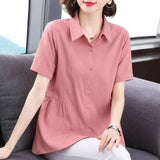 Women's Clothing Short Sleeve Shirt New Summer Loose Solid Color Blouse Lapel Button Shirring Fashion Elegant Office Lady Tops-Outfit