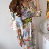 Chic Summer French Elegant Cross V Collar Color Print Kink Waist Show Thin Tea Break Dress Woman-Outfit