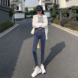 Toloer New Fall 2024 Model Wears High-Waist Elastic Tights, Pencil Pants, Blue And Gray Jeans, Children's Clothes-Outfit