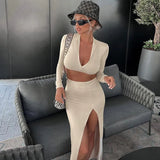 Women's Sexy Two-Piece Women's Long-Sleeved Zipper Exposed Umbilly High Open Skirt