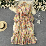 Collar Net Long-Sleeved Lotus Leaf Edge Printing Waist Fluffy Pendulum Dress Female Spring And Autumn Lantern Sleeve Cake Dress-Outfit