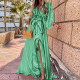 Autumn New Wish Sexy V-Tie Single-Breasted Floral Beach Dress-Outfit