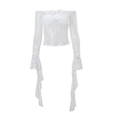 Toloer Women's Spring New Sexy Lace A Word Shoulder Hollow Out Pure Desire Temperament Horn Sleeve T Jacket Female-Outfit