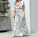 Toloer Women's V-Neck Lantern Sleeve Short Long Sleeve Top Wide Leg Pants Fashion Casual Suit