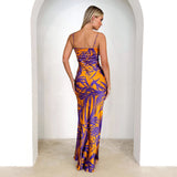 Spring-Summer Women's New Dress Purple Printed V-Necked Dresses For Sexy High-Rise