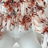 Women Lace Off Shoulder Floral Print Frill Hem Ruched Top Blouse Womens Tops and Blouses-Outfit