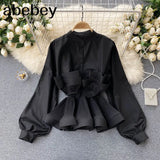 Women Design 3D Flounced edge Blouse Sweet Puff Sleeve O Neck Solid Casual Tops Summer Fashion Streetwear Short Blouses