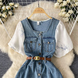 Dress Women's 2025 Summer Dress New Design Collar Bubble Sleeve Splicing Age-Sensitive Fashion Denim Long