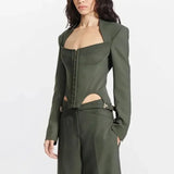 Toloer Spring New Fashion Temperament Fish Bone Chest Splicing Design Sense Waist Show Thin Suit Jacket Female Suit-Outfit