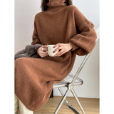 Women's Solid High Neck Roll Collar Sweater Dress 2022 Winter Khaki White Black Brown Long Loose Slim Padded Knit