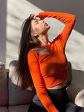 Toloer 2023 New Thread Long-Sleeved Top Women's Hollow Off-Shoulder Round Neck Short T-Shirt Tight Show Thin Direct-Outfit