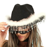 Rhinestones Tassels Cowboy Hat Party E-girls Casual Outwear Feather Patchwork Caps Vintage Elegant Hats Clubwear 2023-Outfit
