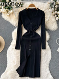 Sexy Split Knitted Dress Lapel V Neck Long Sleeve Button Bodycon Sweater Dress Women Streetwear Midi Long