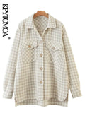 Women Fashion Tweed Plaid Loose Irregular Jacket Coat Vintage Long Sleeve Pockets Female Outerwear Chic