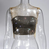 Toloer Nightclub Dresses Fishnet Hollow Out Rhinestone Vest Mesh Flash Diamond Sling Top