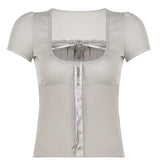 Lace Patchwork Square Neck Short Sleeve Tee-Outfit