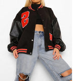 Baseball Bomber Jacket Women Hip Hop Letter Patchwork PU Leather Streetwear Autumn 2021 College Oversized Coats Varsity