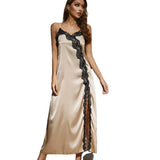 Toloer Silk Halter Sleeping Dress Female Summer Slit Lace Simulation Silk Sexy Home Pajamas Female-Outfit