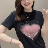 Women's Clothing Pullover Round Neck Short Sleeve Geometric Rhinestone Letter Printing T-shirt Trendy Minimalist Tops-Outfit