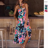 Summer Dress Hanging Neck Sleeveless Print A-Shaped Bohemian Long Dress