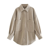 PUWD Casual Woman Camel Loose Pocket Woolen Shirt 2021 Fashion Ladies Autumn Long Sleeve Thick Blouse Coat Female Long