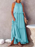 Women Solid Long Dresses Summer Casual Loose Sleeveless Hollow Tie-Up Dress Female Beach Party Ruffle Maxi Dresses Elegant
