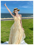 Toloer Summer Vacation Gentle Yellow Tune Dyed Flowers With Neck Flounce Print Skirt Beach
