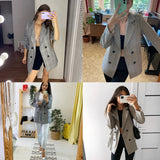 Wixra Women Plaid Casual Double Breasted Blazer Coat Turn Down Collar Pockets Female OL Chic Tops New