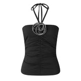Crop Top 2023 Summer Women 3D Flower Tie Up Halter Neck Sleeveless Backless Vest Slim Fit Shirt 2000s Clothes