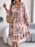 Shooting Spring And Summer Elegant Flowers Lead Long Sleeves To Close Waist Lotus Leaf Side A Dress Women's