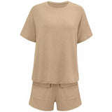 Toloer Hot Selling Women's Wear 2024 Casual Wind Loose Round Collar Solid Color Short-Sleeved Top Shorts Suit-Outfit