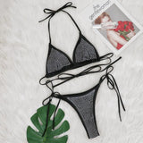 Toloer Sexy Hot Diamond Bikini Split Solid Color Strap Swimsuit Beach Vacation Women's