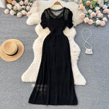 Korean Ins Short Sleeve V-Neck Hepburn Style Temperament To Show Thin Dress Women's Waist Bag Hips Long Skirt
