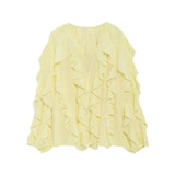 Women's V-Neck Folding Trim Shirt Long-Sleeved Top Loose
