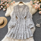 Women French Print Dress Long Sleeve V Neck A-line Ruffles Dresses 2022 Autumn Bohemian Casual Vacation Short