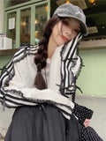 Lace Striped Bow Long Sleeved Top-Outfit