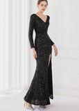 Winter Elegant Deep V Neck Long Sleeve Slit Cocktail Eevening