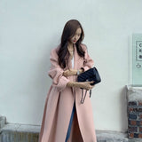 Winter Korean 2020 High End Women Long Side Split 100% Wool Handmade Pink Double Sided Coat Lacing Belt Loose Woolen