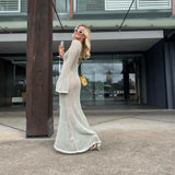 Women's Summer Long Knit See-through Beachwear Solid Color Flare Long Sleeve O Neck Hollow Backless Cover Up Dress-Outfit