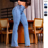 Tight Waist High-Waisted Button Elastic Repair Wide Legs Long Jeans