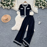 Fragrant Breeze Sleeze Sleeze Round-Neck Collar Knitted Top Women High-Waisted Leisure Broad-Legged Pants Summer