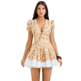 Women's Clothing Sexy Hot Babes Dress Deep V Print Waist Fluffy Mini-Skirt Short