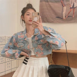 Elegant Rose Printed Women Denim Jackets Long Sleeve Outwear Autumn 2023 Crop Tops Korean Loose Streetwear Coats Chic-Outfit