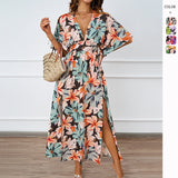New Floral Print Dress Tight Belt V-Neck Short-Sleeved Dress